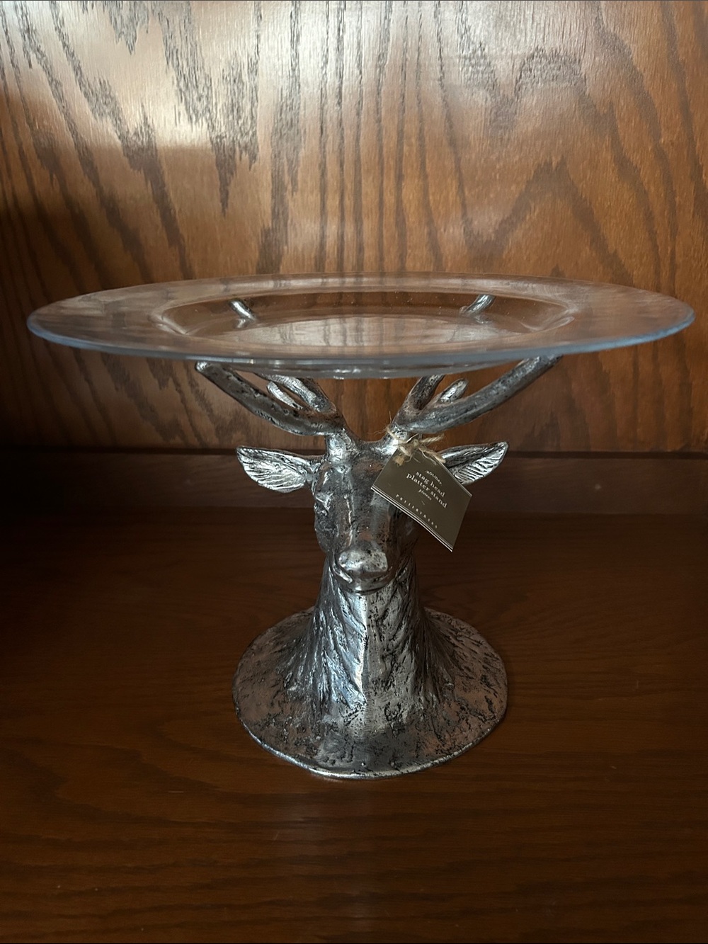 RARE Pottery Barn Stag Deer
Head Cake Stand Pedestal
Glass Platter Retired NWT